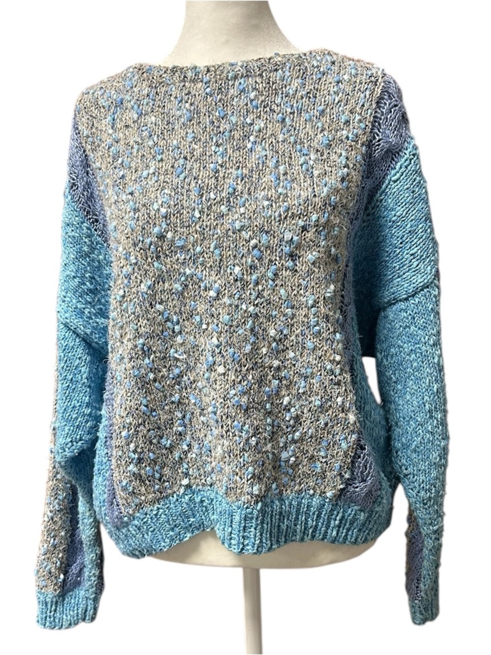 Vintage Hand Knit Blue and Gray Women's Sweater